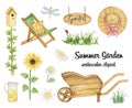 Summer Gardening set, Watercolor garden equipment clipart, summer holidays stickers Royalty Free Stock Photo