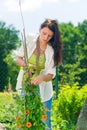 Summer gardening young beautiful woman cut flower