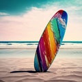 Summer Getaway: An Empty Beach with Waves and a Colorful Surfboard, Perfect for a Seafront Vacation. Generative AI