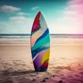 Summer Getaway: An Empty Beach with Waves and a Colorful Surfboard, Perfect for a Seafront Vacation. Generative AI