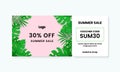 Summer gift voucher card template design with tropical leaf artwork background. Coupon code text sale promotion