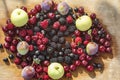 Summer gifts, wet and ripe blackberries, red cherries, raspberries, black currants, apples and plums lie on a wooden surface Royalty Free Stock Photo