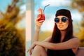 Summer Girl Applying Suncream Lotion by the Pool Royalty Free Stock Photo
