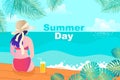 Summer girl on the beach. Staying home vacation enjoy cartoon illustration. Royalty Free Stock Photo