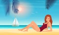 Summer girl in bikini, beautiful young woman in swimsuit sunbathing on tropical beach Royalty Free Stock Photo