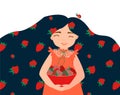 Summer girl. Cute girl with dark blue hair with pattern of red strawberry in orange dress. Bowl of strawberries. Royalty Free Stock Photo