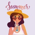 Summer girl drinking a cocktail. Cartoon vector illustration.