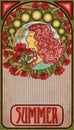 Summer girl, floral banner in art nouveau style, vector