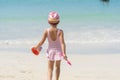 Summer girl play travel in holiday on tropical summer beach. Cheerful Joyful seaside with cute kid vacation on sunny day Royalty Free Stock Photo