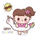 Summer girl with unicorn rubber ring (kids fun). Series: Kawaii vector beach time isolated on white background