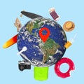 Summer globe and colorful traveler symbols. Copyspace to text. Modern design. Contemporary pop artwork, collage.
