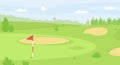 Summer golf course landscape, green grass field for golfing. Red flag and hole, fairway and sand bunkers, golf scene Royalty Free Stock Photo