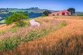 Summer grain fields and stone farmhouse in Tuscany, Italy, Europe