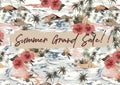 Summer Grand Sale With Vintage Tropical Island Colorful Background With Exotic Leaves,palm Trees,red Hibiscus Flower ,wave ,