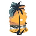 summer graphic tropical island with ocean waves and palm tree Royalty Free Stock Photo