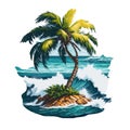 summer graphic tropical island with ocean waves and palm tree Royalty Free Stock Photo