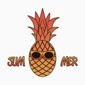 Summer graphics with pineapple in sunglasses. Design for clothes, apparel, logo, poster, banner, card. Vector.