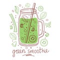 Summer green detox drink, fruit smoothies, organic lemonade in glass bottle, jar and jugs with straws. Refreshing summer