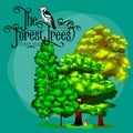 Summer Green Forest Tree and small animals in wild nature. Cartoon vector set trees in outdoor park. Outdoor trees in Royalty Free Stock Photo