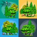 Summer Green Forest Tree and small animals in wild nature. Cartoon vector set trees in outdoor park. Outdoor trees in Royalty Free Stock Photo