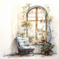 Summer green garden terrace balcony patio with rattan armchair and flowerpot plants on windowsill