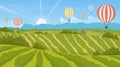 Summer green landscape with cute balloons flight, big hot air colorful balloons flying Royalty Free Stock Photo