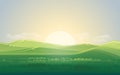 Summer green meadow and mountain landscape with sunset. vector illustration