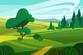 Summer green rural landscape, countryside path through farm fields on hills with trees