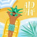 Summer greeting card. Happy handsome man sunbathing on a beach. Royalty Free Stock Photo