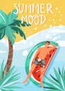 Summer greeting card. Happy man sunbathing and floating on a beach. Summer mood. Royalty Free Stock Photo