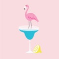 Summer greeting card, invitation. Hand drawn lemon fruit and pink flamingo bird standing in margarita cocktail drink