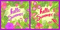 Summer greeting floral colorful cards with hello summer lettering, tropical leaves, hibiscus and other exotic flowers for bag, Tsh