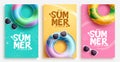 Summer greeting poster vector set design. Hello summer text with floaters and sunglasses Royalty Free Stock Photo