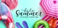 Summer greeting vector background design. Welcome summer text with 3d elements of floaters, umbrella and flip flop for fun. Royalty Free Stock Photo