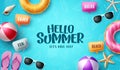 Summer greeting vector design. Hello summer text with colorful beach elements Royalty Free Stock Photo
