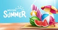 Summer greeting vector design. Welcome summer text in sand beach background with tropical season objects for holiday vacation. Royalty Free Stock Photo