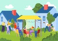 Summer grill party in garden nature, vector illustration. Happy people drink, eat barbecue food meat outdoors. Young man