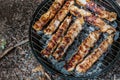 Summer grilling food, sausage, vegetables and kebab meat on barbecue grill over smoke and hot charcoal Royalty Free Stock Photo