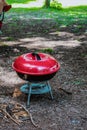 Summer grilling food, sausage, vegetables and kebab meat on barbecue grill over smoke and hot charcoal Royalty Free Stock Photo