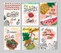 Summer hand drawn abstract calligraphic card set. Vector collection of bright summer sale cards.Beautiful summer posters Royalty Free Stock Photo