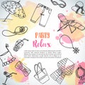 Summer hand drawn background. Beach doodle elements. Party and relax text Vacation and trevel to the sea Sketch Vector