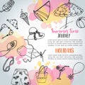 Summer hand drawn background. Beach doodle elements. Vacation and trevel to the sea Sketch Vector Royalty Free Stock Photo