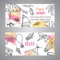 Summer hand drawn banner. Beach doodle elements. Vacation and trevel to the sea Sketch Vector Royalty Free Stock Photo