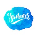 Summer Hand drawn calligraphy lettering on watercolor blue hand drawn texture. design for holiday greeting card and invitation of Royalty Free Stock Photo