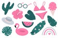Summer hand drawn doodles collection with hibiscus flower, swimsuit, ice cream, tropical leaves, rainbow, flamingo swimming ring,