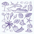 Summer hand drawn elements. Sun, umbrella, backpack and other symbols of funny vacations. Vector doodles set