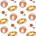 Summer hand-drawn pattern: lifebuoy, ball, stars. Cure sketch tropical paradise fabric print. Hawaii trendy beach texture