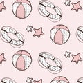 Summer hand-drawn pattern in tender pink nursery colors : lifebuoy, ball, stars. Cure sketch tropical paradise fabric print.