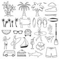 Summer hand drawn symbols and objects. Set of summer time beach elements Royalty Free Stock Photo