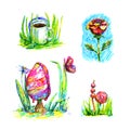 Summer hand illustration ice cream and coffee grass rose lollipops felt-tip bright colorful pink green isolated on white backgroun